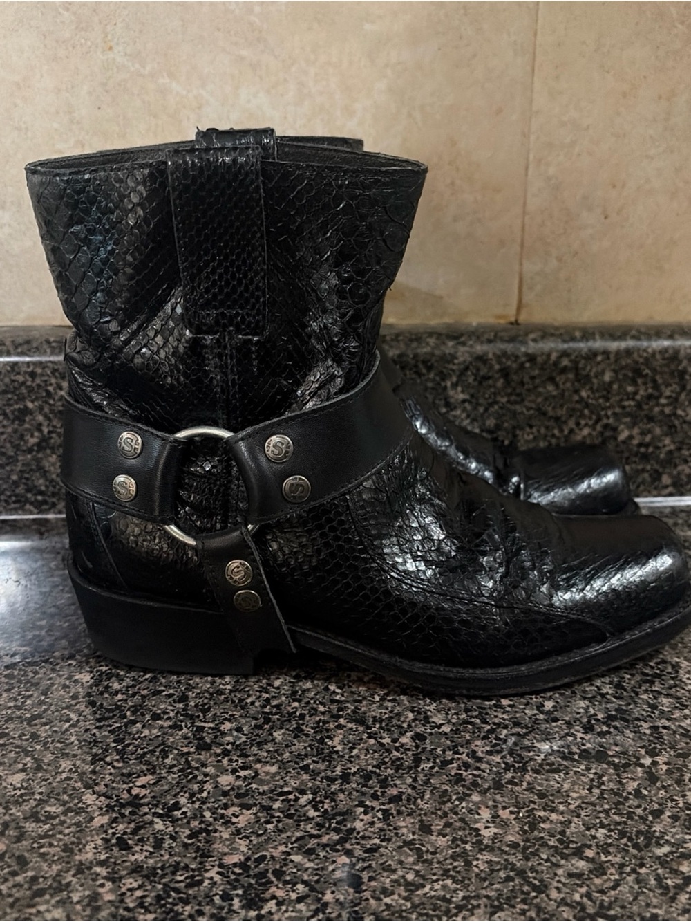 Vintage Sendra Snakeskin Western Harness Ankle Boots